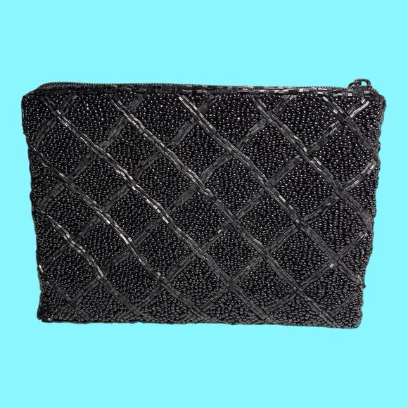 Lancome Beaded Clutch Evening Bag Zipper 4 1/2” X 6” Black - Picture 6 of 13